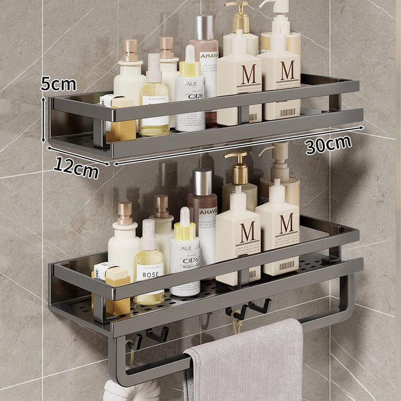 Bathroom Shelf Wall-Mounted Metal With Towel Bar & Hooks
