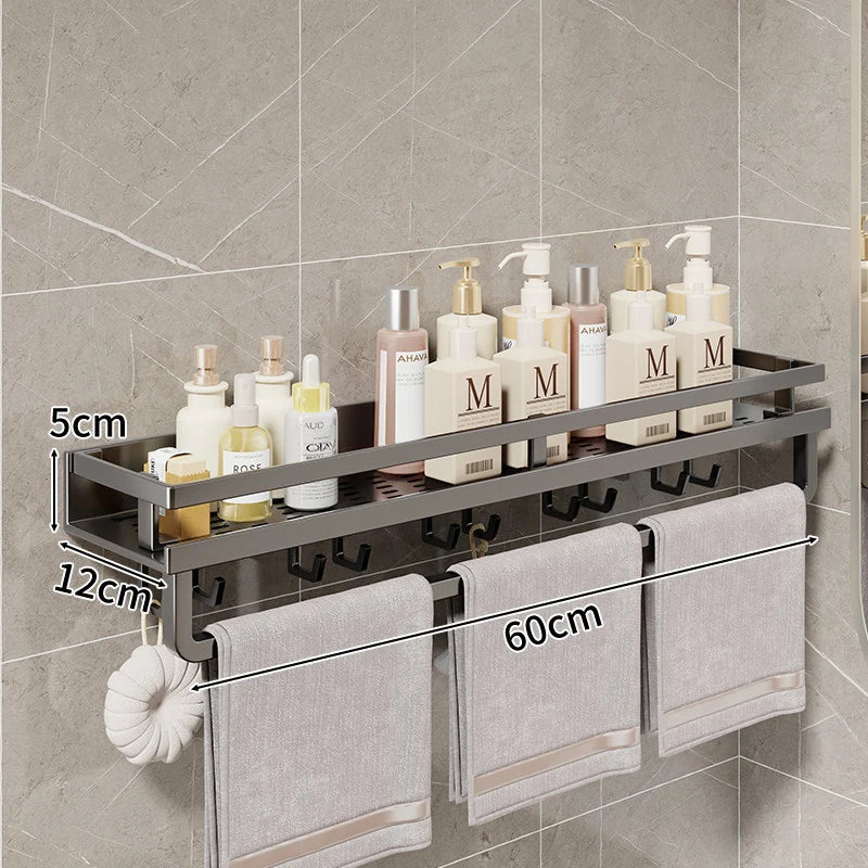 Bathroom Shelf Wall-Mounted Metal With Towel Bar & Hooks