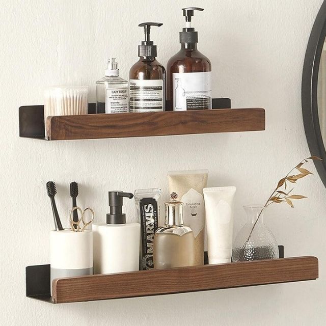 Bathroom Wall Shelf Solid Wood Self-Adhesive Water-Repellent Coating