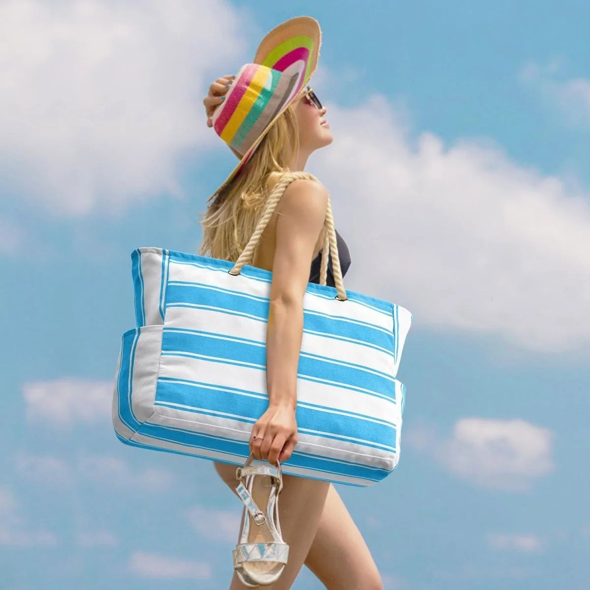 Beach Bag Extra-Large Water-Resistant Foldable with Zipper Closure