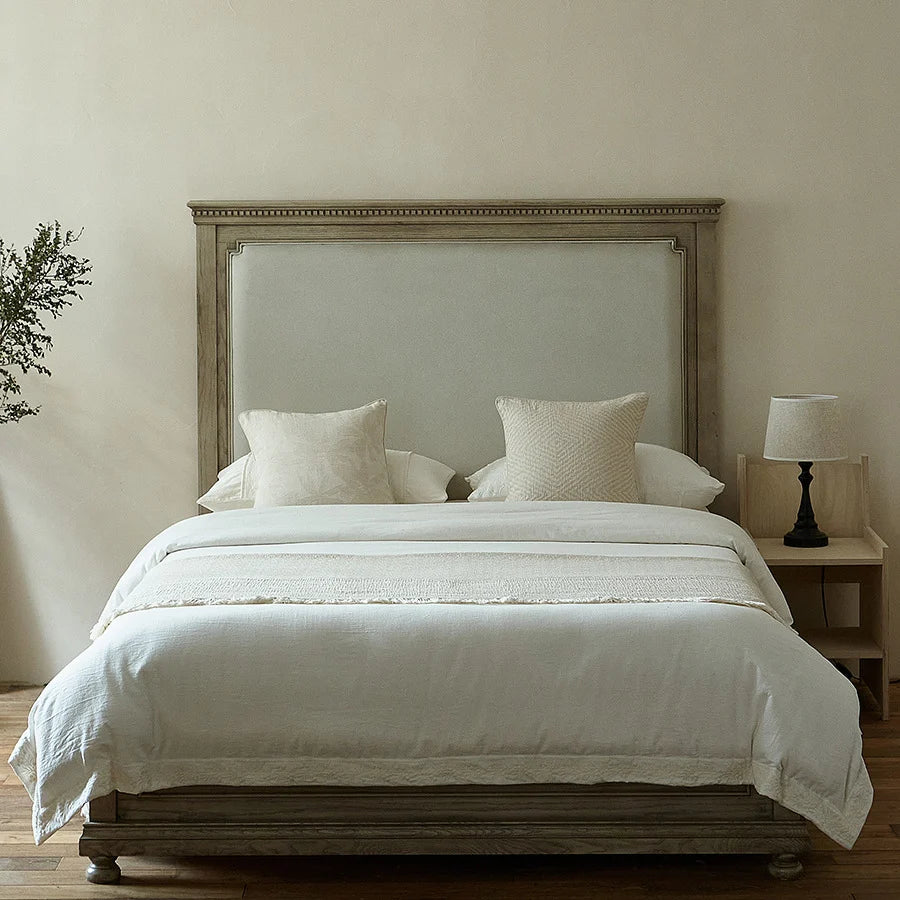 Bed Frame Solid Wood Slatted Headboard Linen-Look Bedding