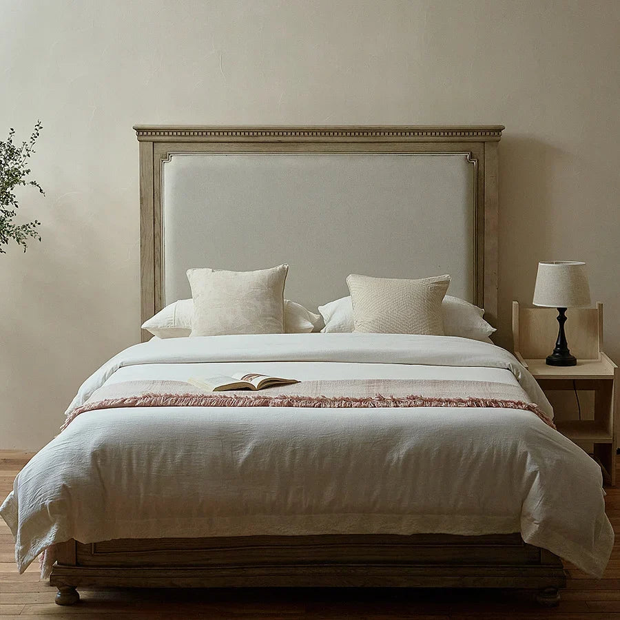 Bed Frame Solid Wood Slatted Headboard Linen-Look Bedding