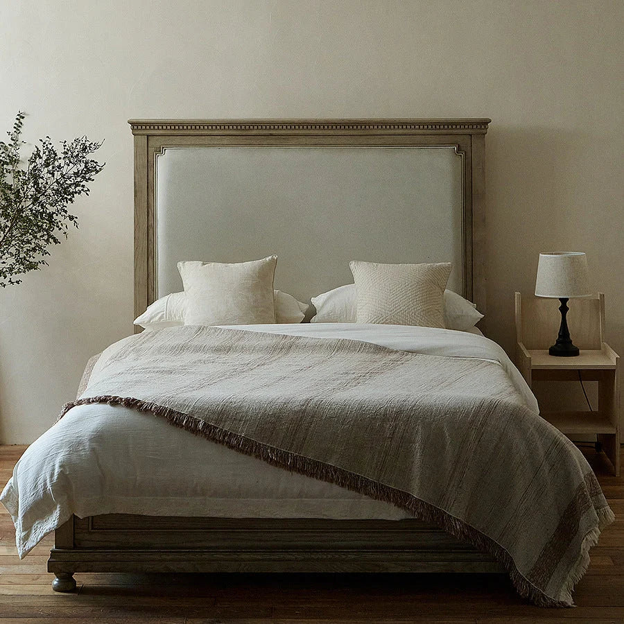 Bed Frame Solid Wood Slatted Headboard Linen-Look Bedding