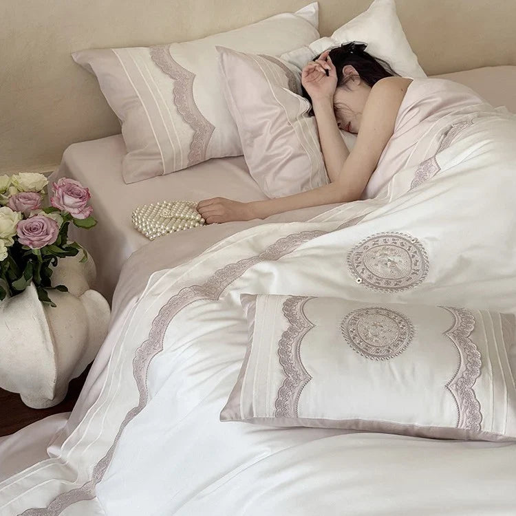 Bed Linen Set Cotton Satin Embroidered Lace 4-Piece