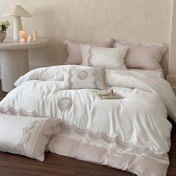 Bed Linen Set Cotton Satin Embroidered Lace 4-Piece