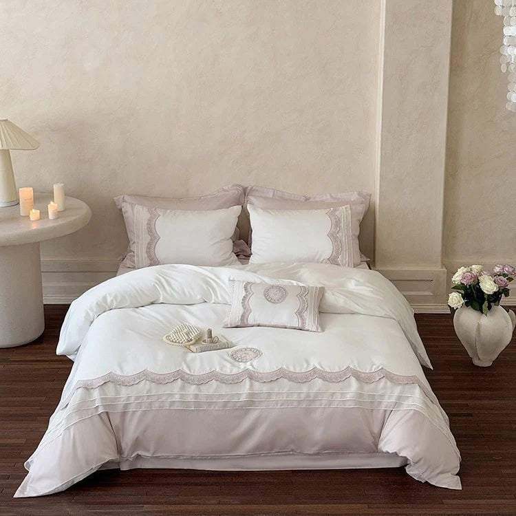 Bed Linen Set Cotton Satin Embroidered Lace 4-Piece