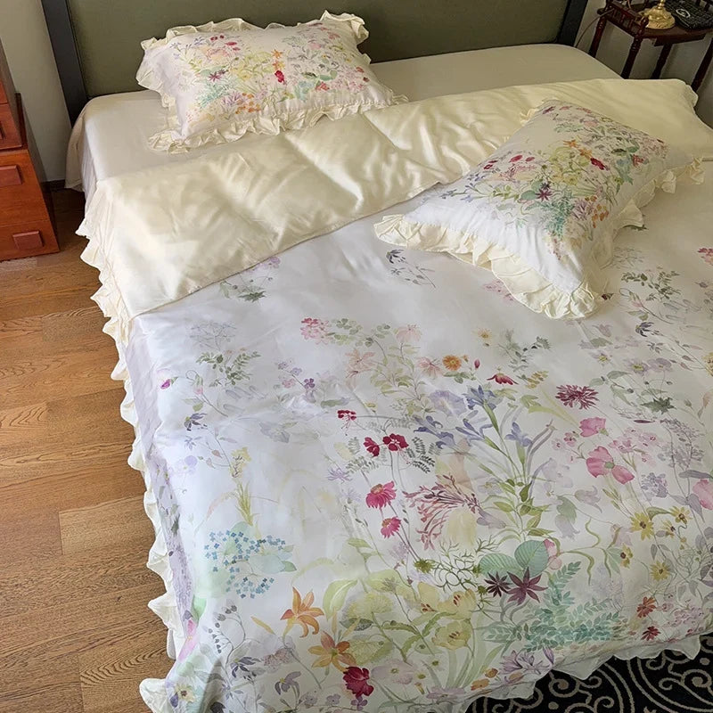 Bed Linen Set Cotton Satin Watercolor Botanical Ruffles