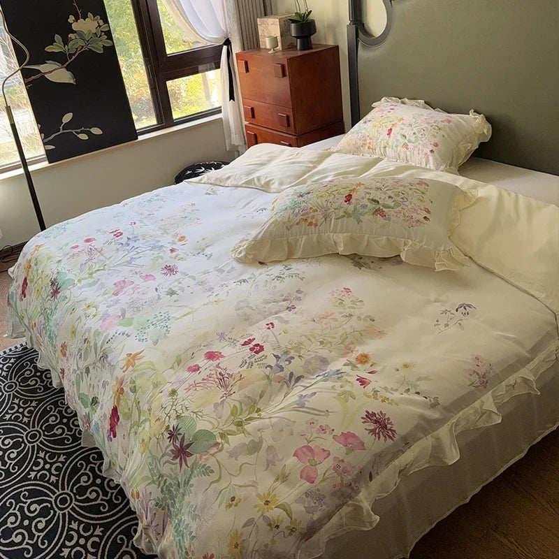Bed Linen Set Cotton Satin Watercolor Botanical Ruffles