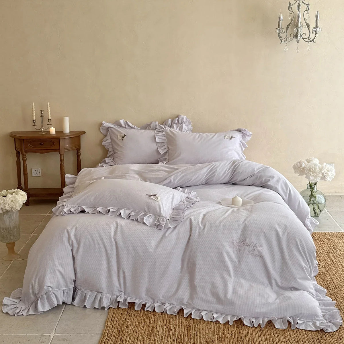 Bed Linen Set Fine Stripe Ruffle Cotton Blend