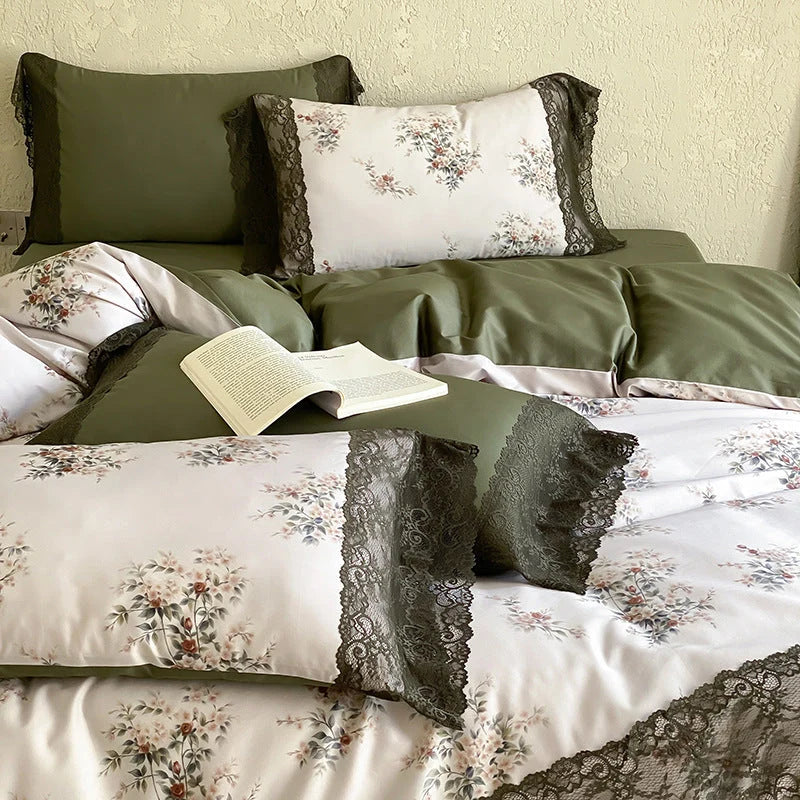Bed Linen Set Satin Floral Print Lace Trim 4-Piece
