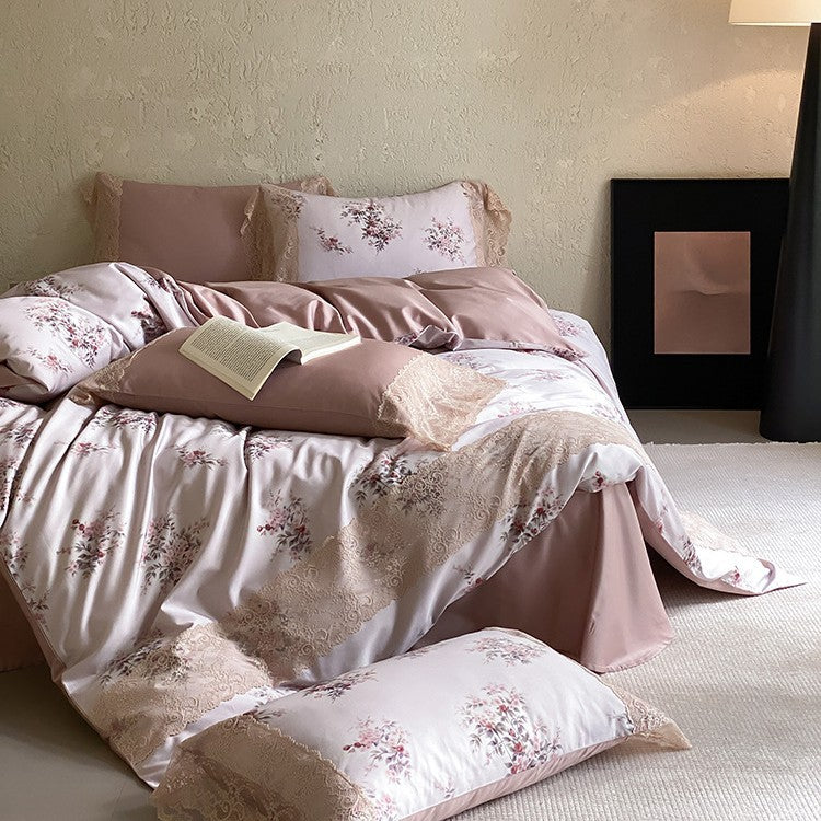 Bed Linen Set Satin Floral Print Lace Trim 4-Piece