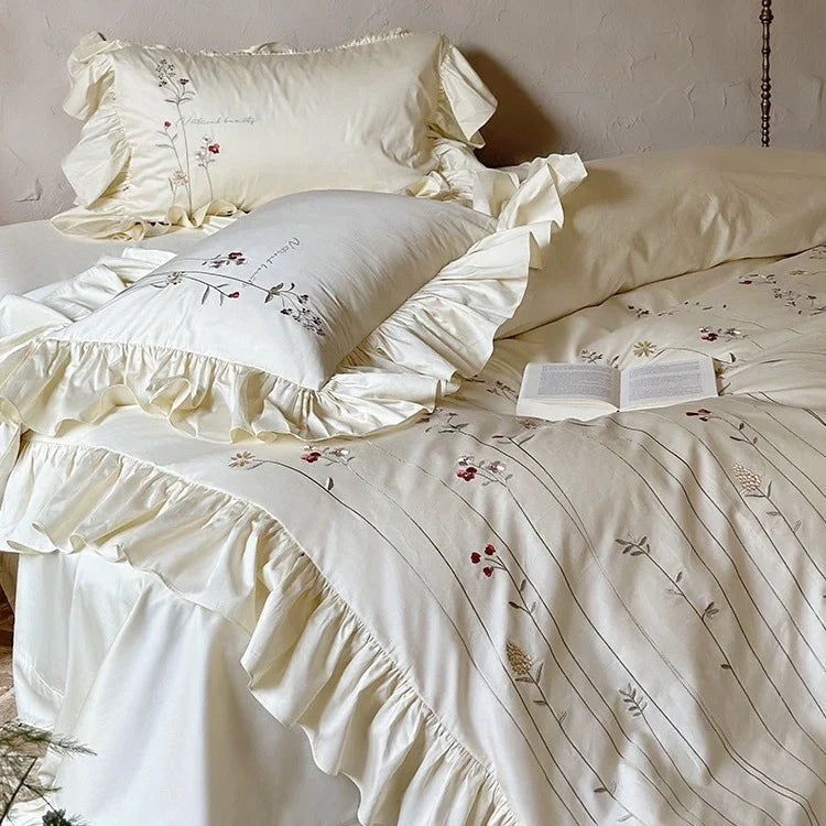 Bed Set Breathable Cotton-Linen Embroidered Ruffled Skirt