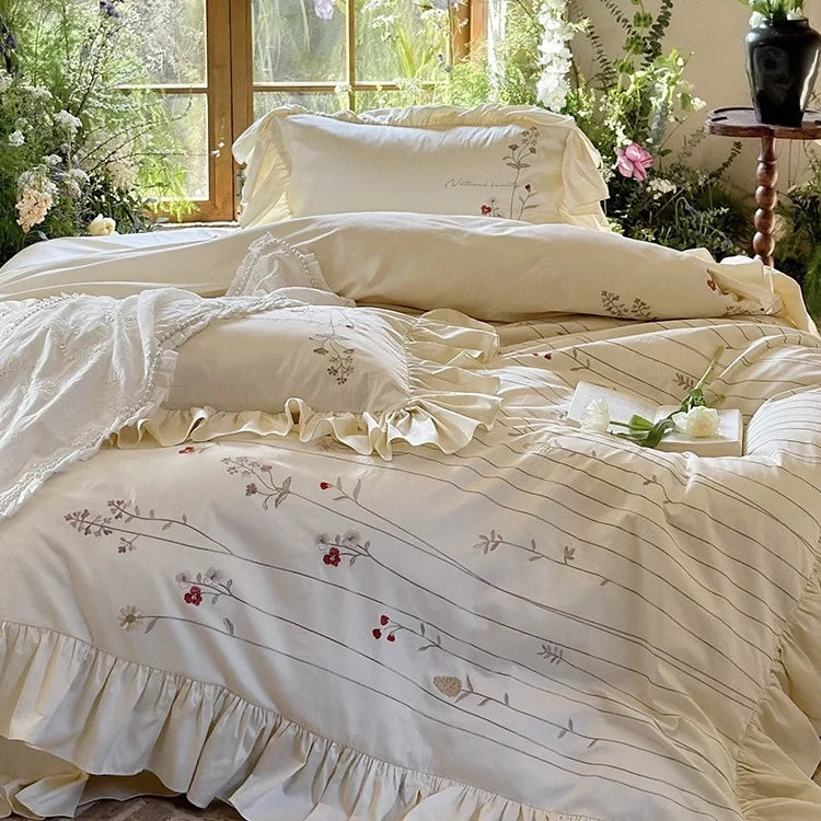 Bed Set Breathable Cotton-Linen Embroidered Ruffled Skirt
