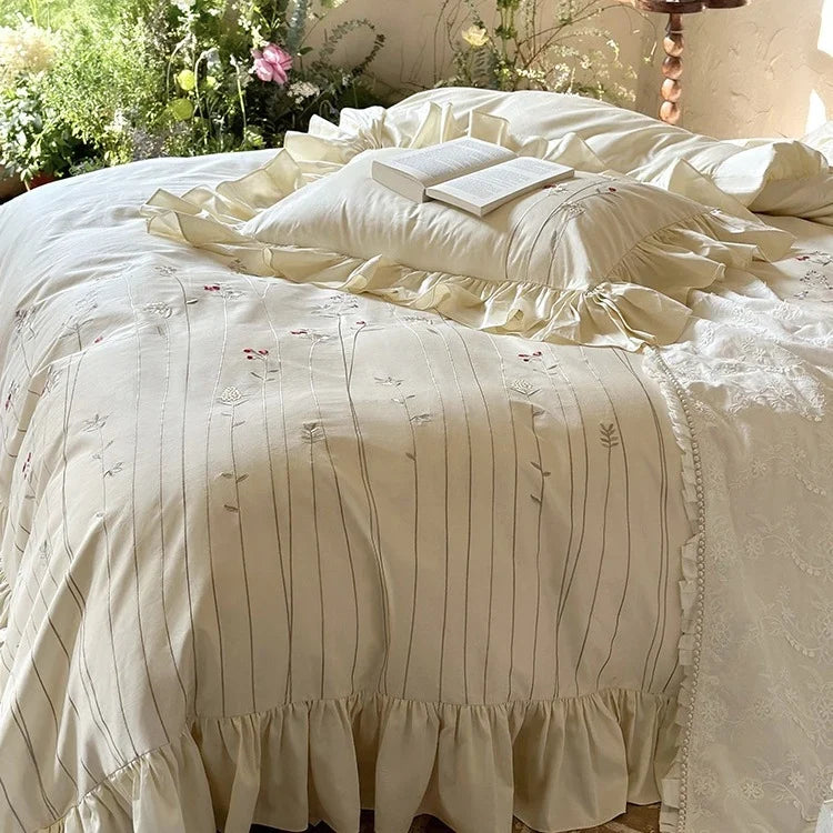 Bed Set Breathable Cotton-Linen Embroidered Ruffled Skirt