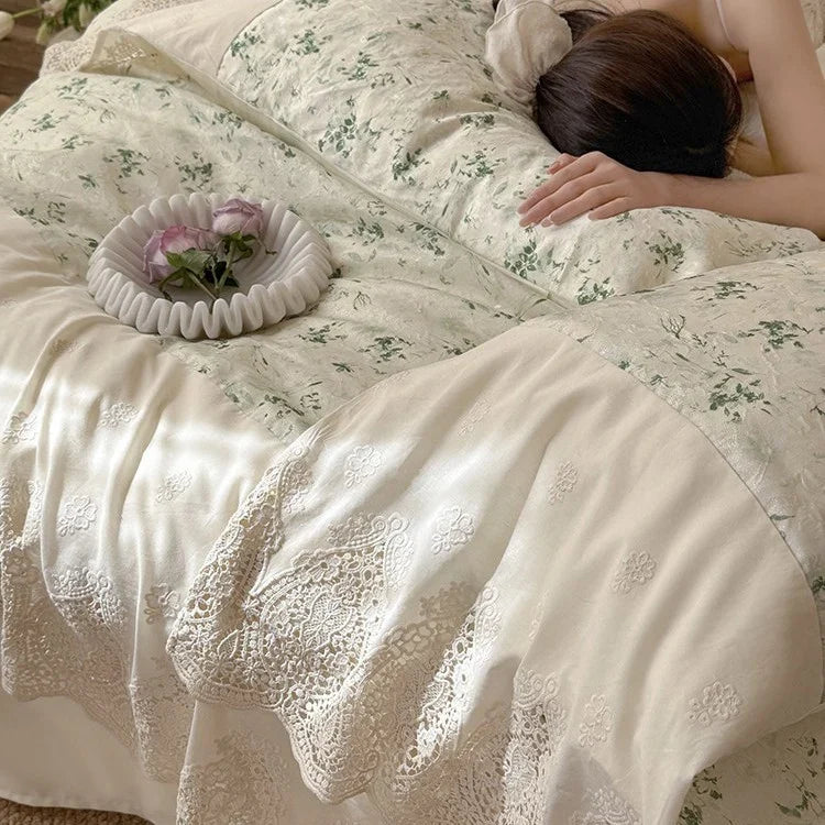 Bed Sheet Set Cotton-Linen Stonewashed Floral Lace Edge 4-Piece