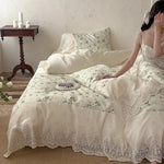 Bed Sheet Set Cotton-Linen Stonewashed Floral Lace Edge 4-Piece