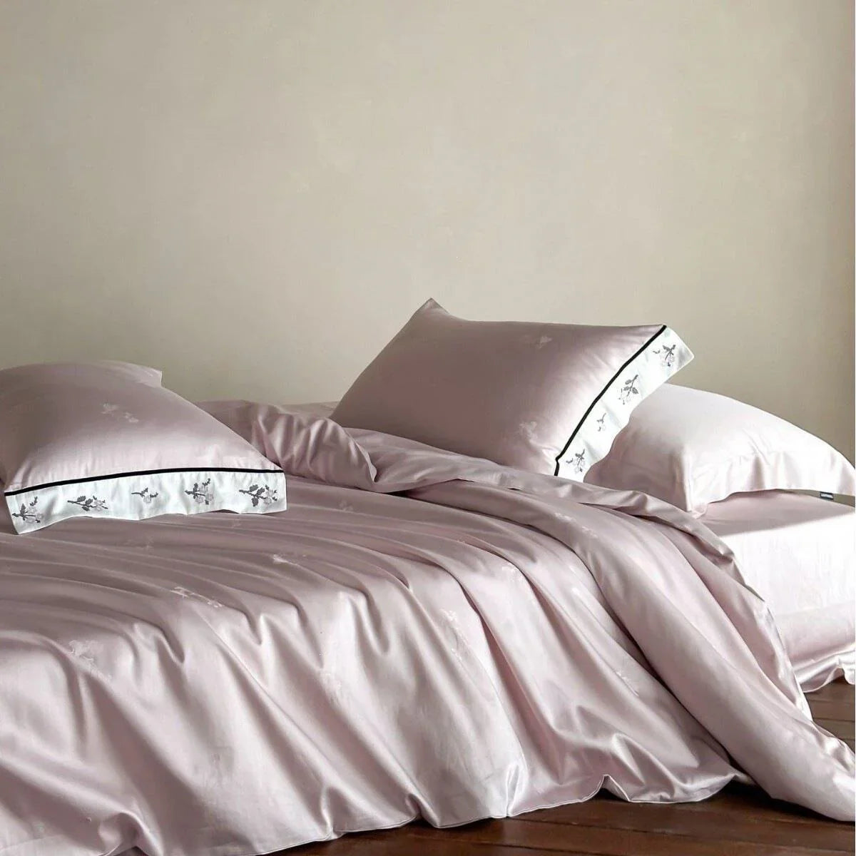 Bed Sheet Set Cotton Satin Embroidered Hem & Piping