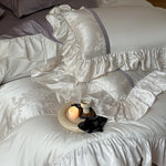 Bed Sheet Set Satin Jacquard Floral & Ruffled Trim