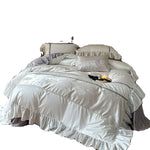 Bed Sheet Set Satin Jacquard Floral & Ruffled Trim