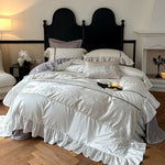 Bed Sheet Set Satin Jacquard Floral & Ruffled Trim