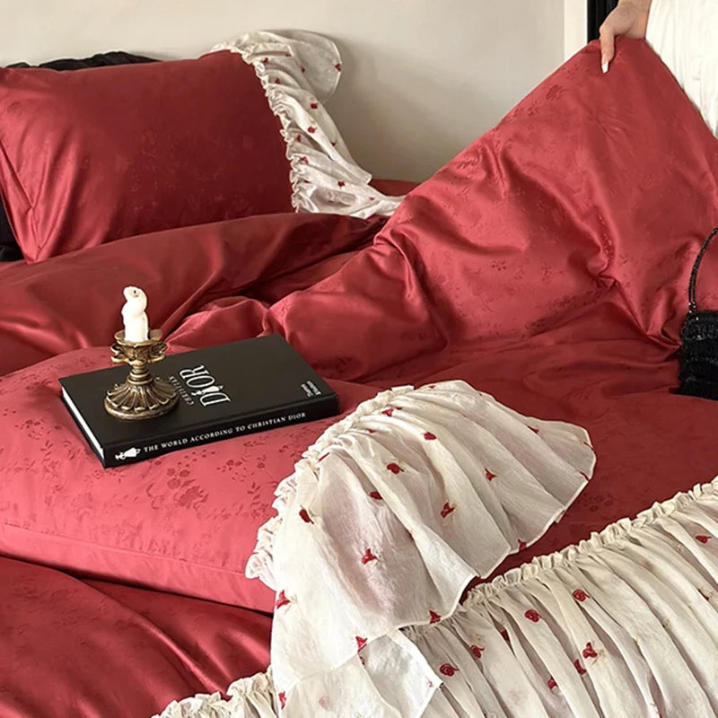 Bed Skirt & Pillowcase Set Cotton-Linen Embroidered Ruffles 4-Piece