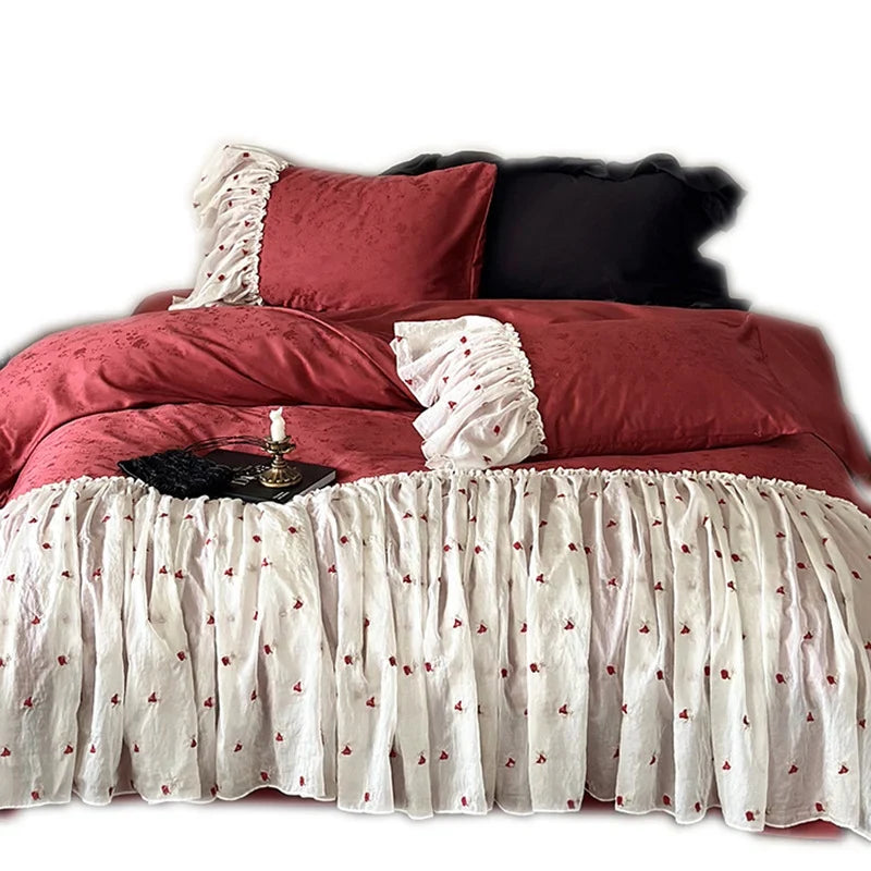 Bed Skirt & Pillowcase Set Cotton-Linen Embroidered Ruffles 4-Piece