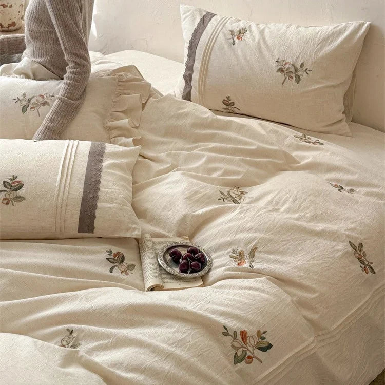 Bedding Set 100% Breathable Cotton Embroidered Ruffled Edges
