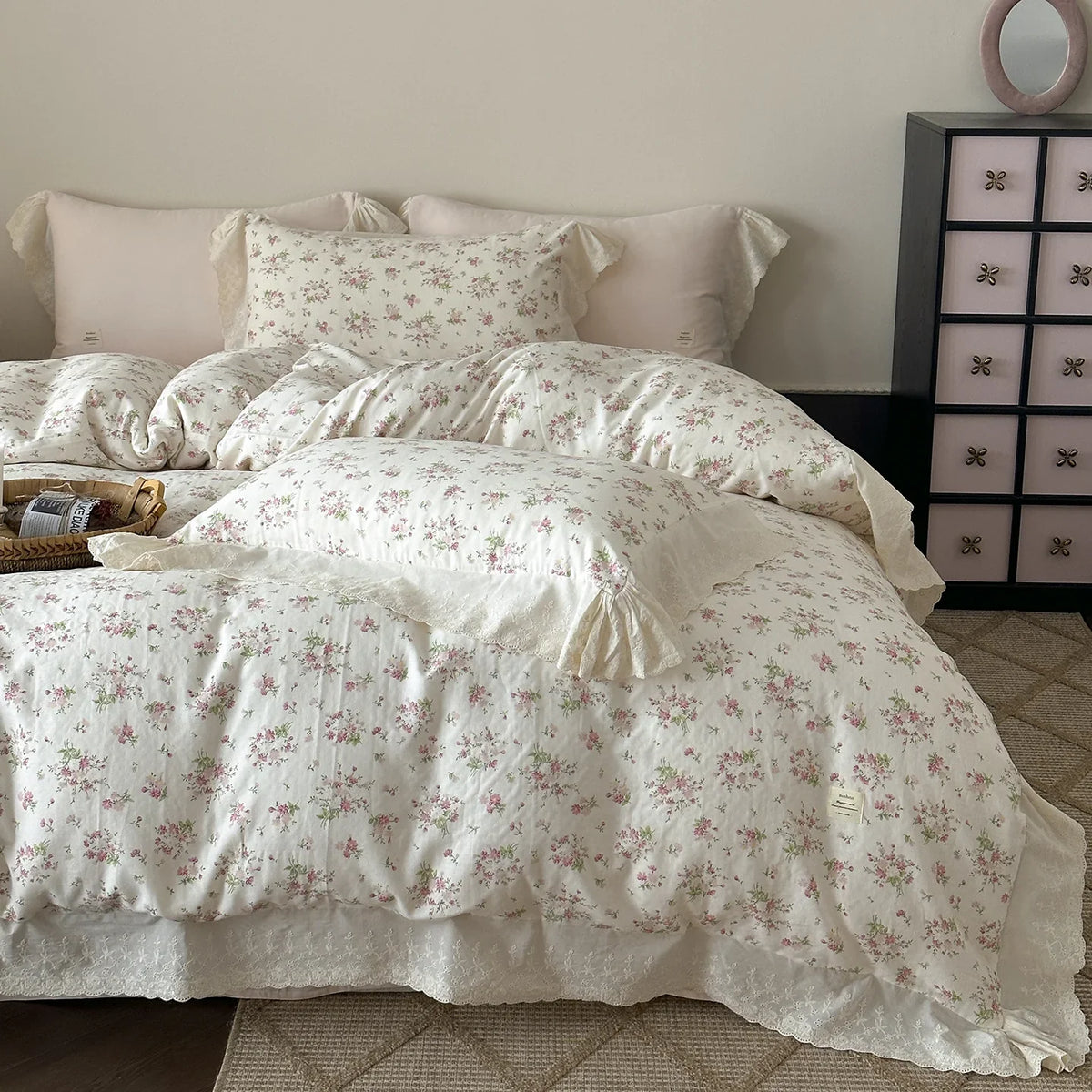 Bedding Set 100% Cotton Floral Lace 4-Piece