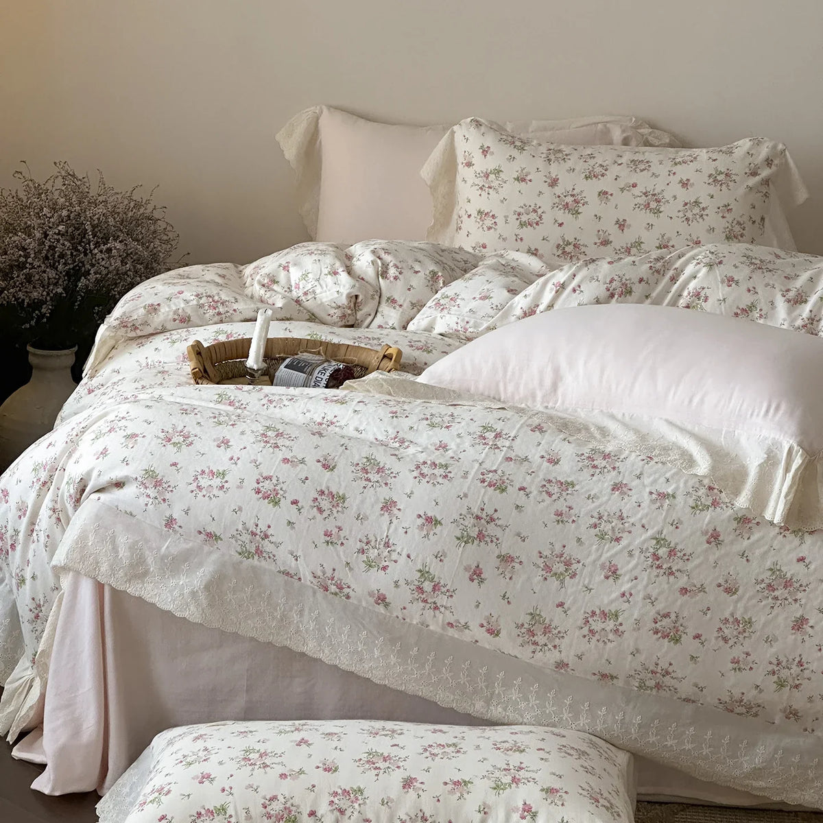 Bedding Set 100% Cotton Floral Lace 4-Piece