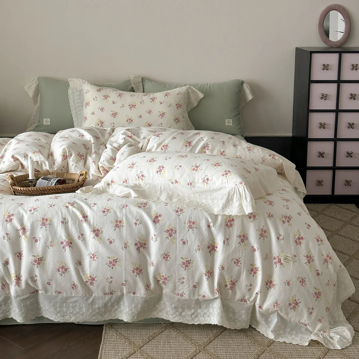 Bedding Set 100% Cotton Floral Lace 4-Piece