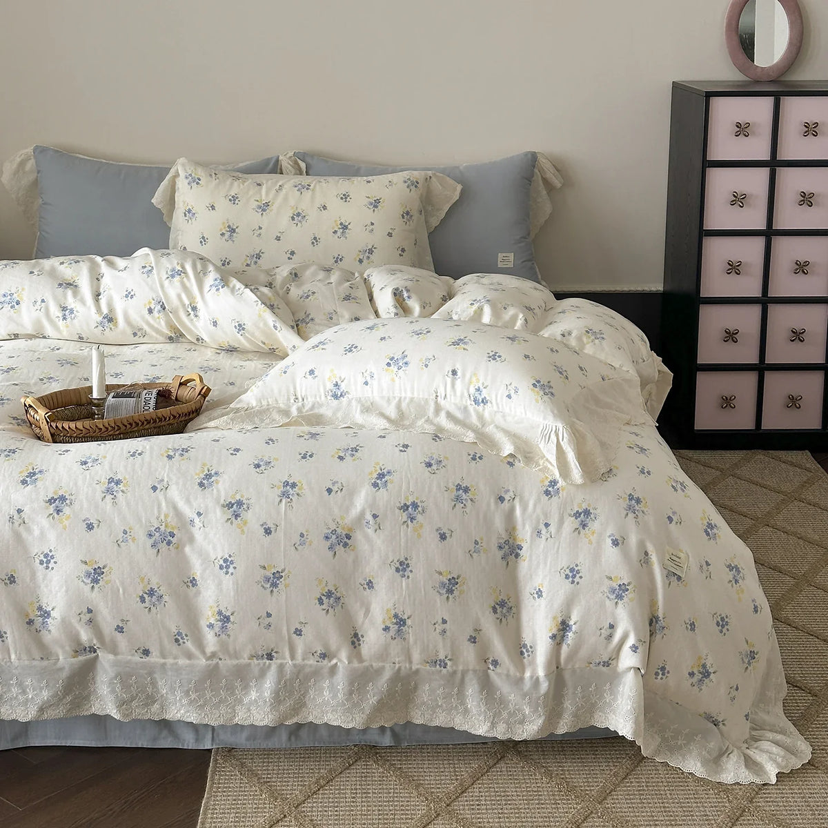 Bedding Set 100% Cotton Floral Lace 4-Piece
