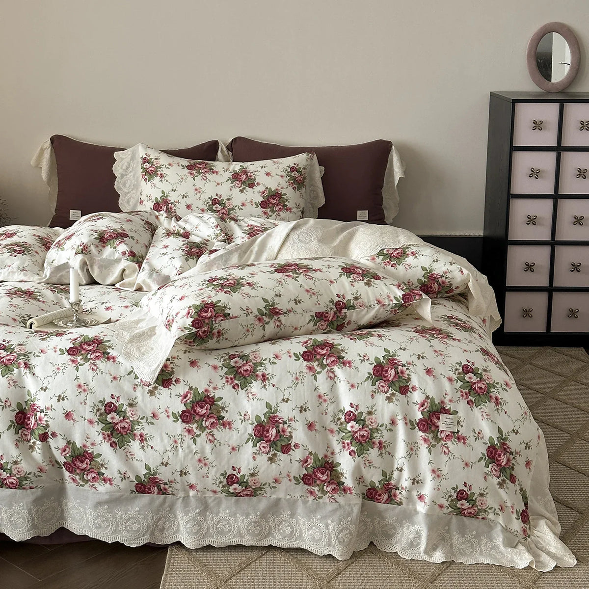 Bedding Set 100% Cotton Floral Lace 4-Piece