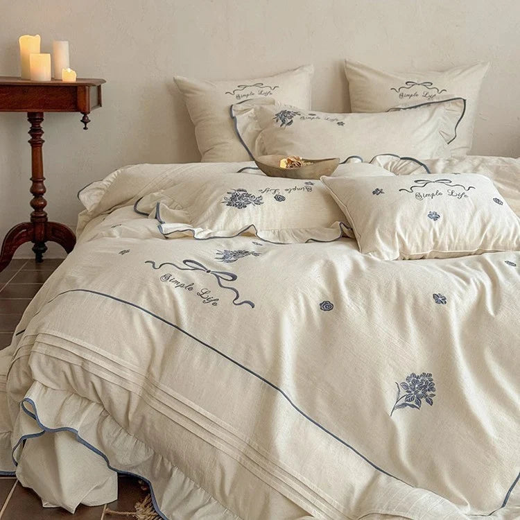 Bedding Set 100% Cotton Muslin Embroidered & Ruffled 4-Piece