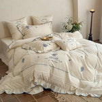 Bedding Set 100% Cotton Muslin Embroidered & Ruffled 4-Piece