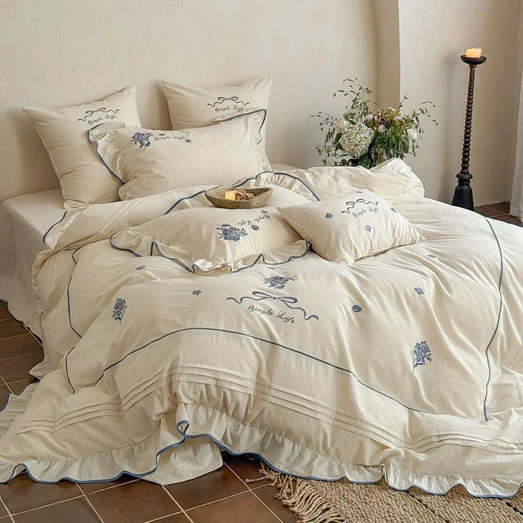 Bedding Set 100% Cotton Muslin Embroidered & Ruffled 4-Piece