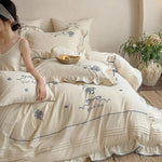 Bedding Set 100% Cotton Muslin Embroidered & Ruffled 4-Piece