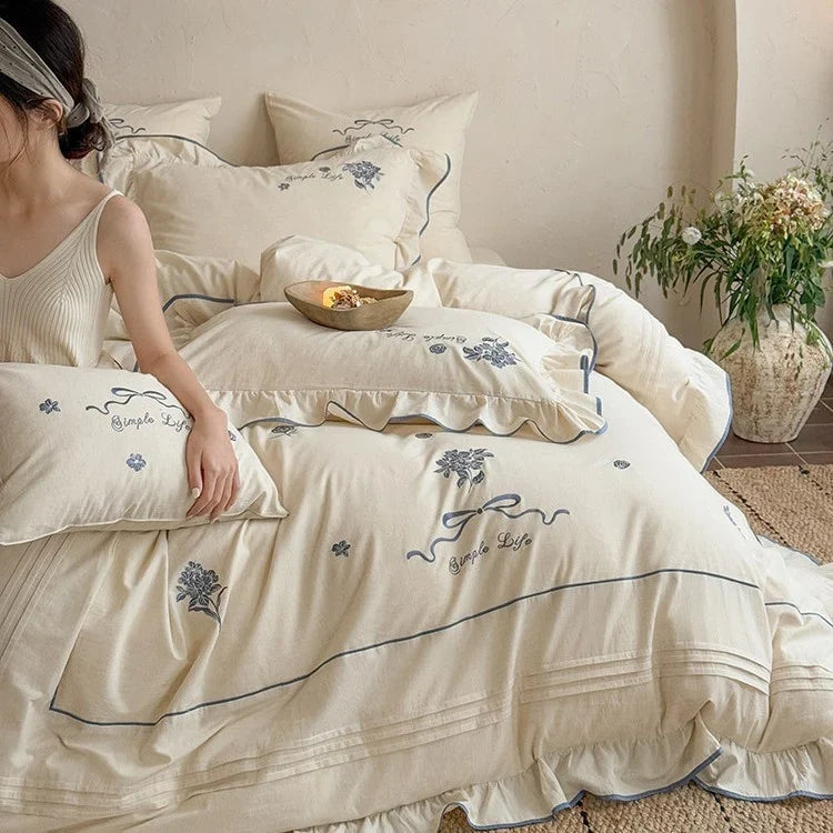 Bedding Set 100% Cotton Muslin Embroidered & Ruffled 4-Piece