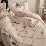 Bedding Set 100% Cotton Muslin Embroidered & Ruffled 4-Piece