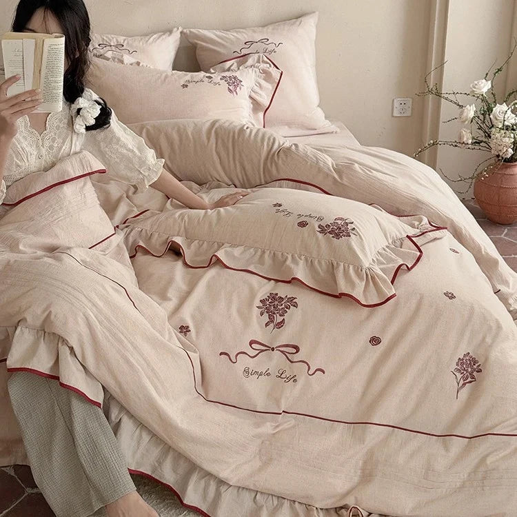 Bedding Set 100% Cotton Muslin Embroidered & Ruffled 4-Piece