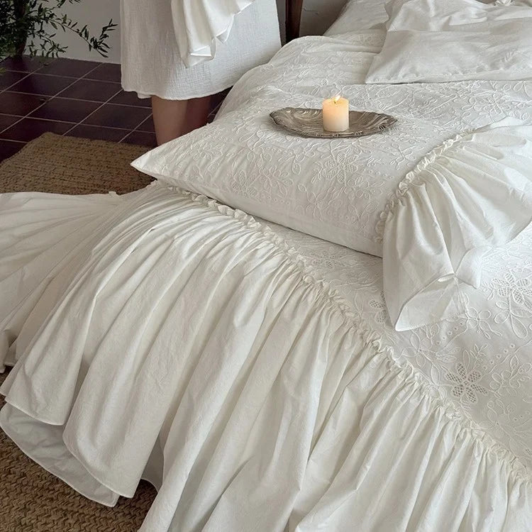 Bedding Set 100% Cotton Muslin Lace & Ruffles 4-Piece