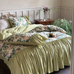Bedding Set 100% Cotton Reversible Floral Ruffled Trim 4-Piece