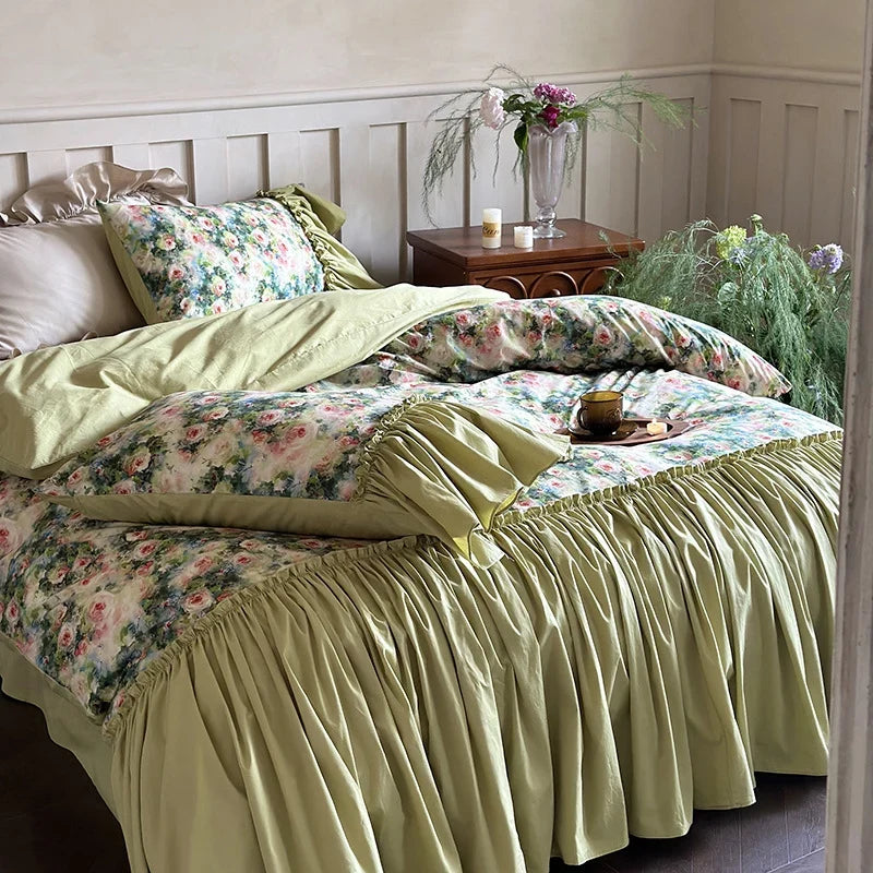 Bedding Set 100% Cotton Reversible Floral Ruffled Trim 4-Piece