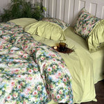 Bedding Set 100% Cotton Reversible Floral Ruffled Trim 4-Piece