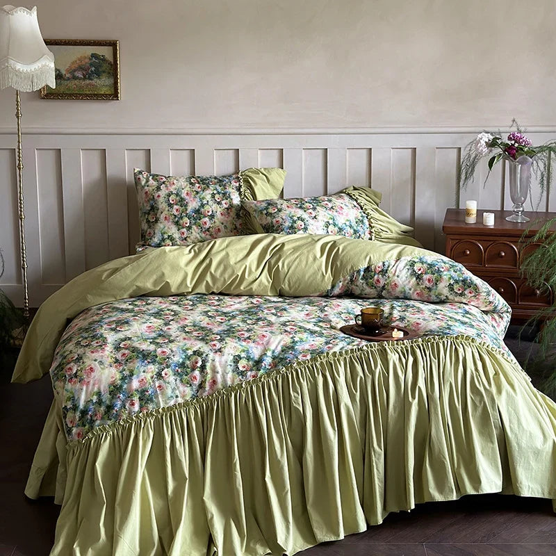 Bedding Set 100% Cotton Reversible Floral Ruffled Trim 4-Piece