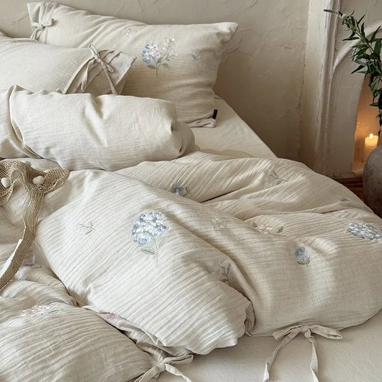 Bedding Set 4-Piece Breathable Cotton-Linen Floral Embroidery