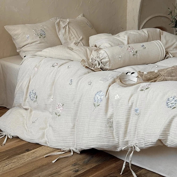 Bedding Set 4-Piece Breathable Cotton-Linen Floral Embroidery
