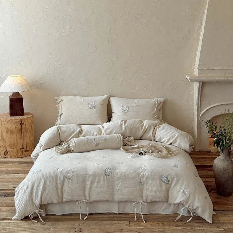 Bedding Set 4-Piece Breathable Cotton-Linen Floral Embroidery