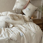 Bedding Set 4-Piece Breathable Cotton-Linen Floral Embroidery