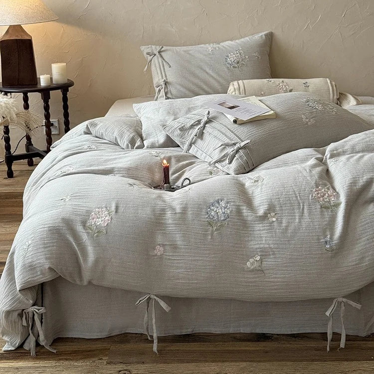 Bedding Set 4-Piece Breathable Cotton-Linen Floral Embroidery