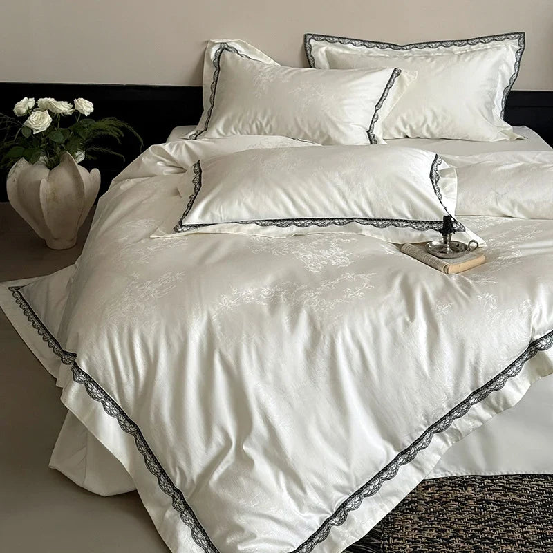 Bedding Set 4-Piece Cotton Satin Jacquard Lace Trim